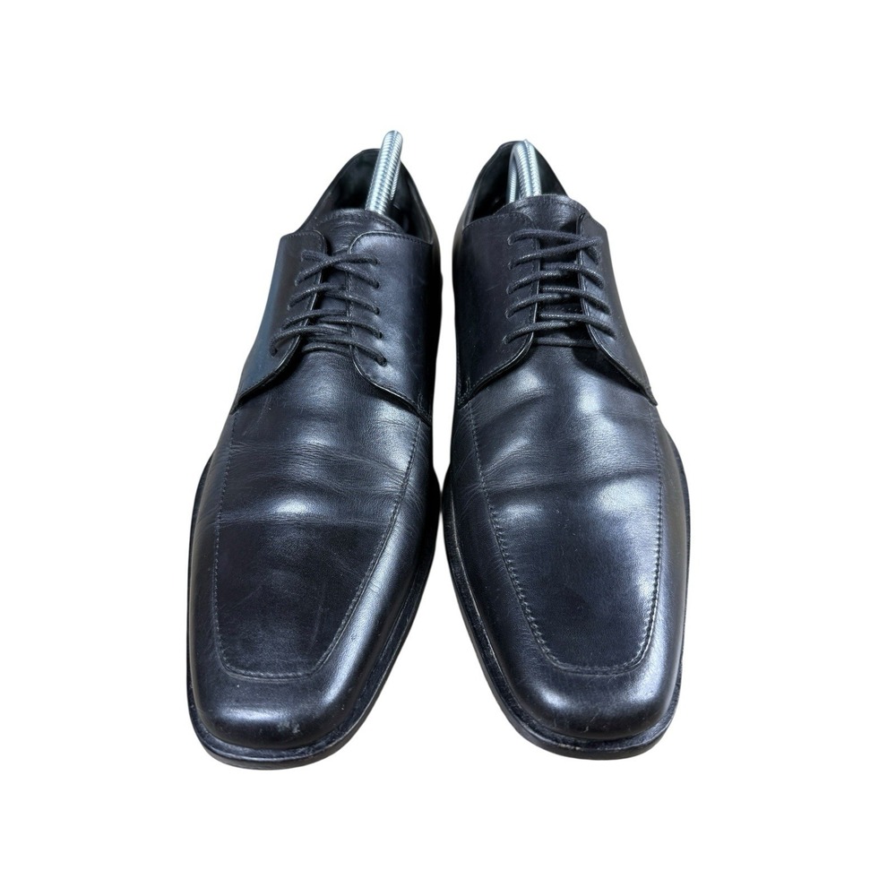 Hugo Boss Dress Shoe Size 9 Men's Embossed Logo Black Leather Lace Up Apron Toe - Picture 2 of 14